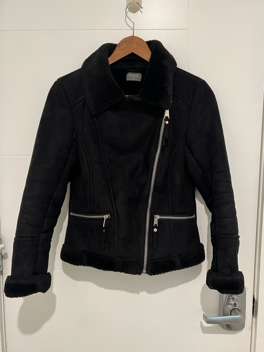 Oasis Black Faux-Suede Shearling Moto Jacket with Silver Zippers